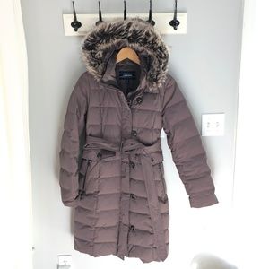 Women's Lands' End down belted puffer coat faux fur hood. Taupe. Winter.